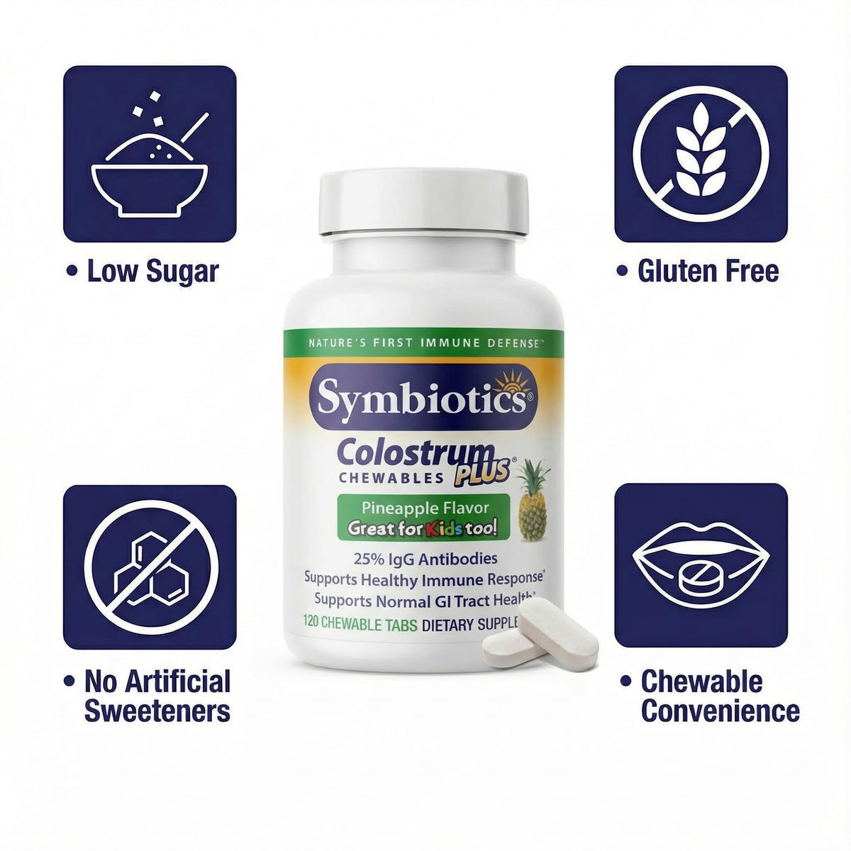 Symbiotics Colostrum comprimés à mâcher ananas, vue de dessus