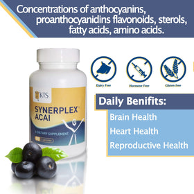 Synerplex Acai capsules posées sur une table en bois