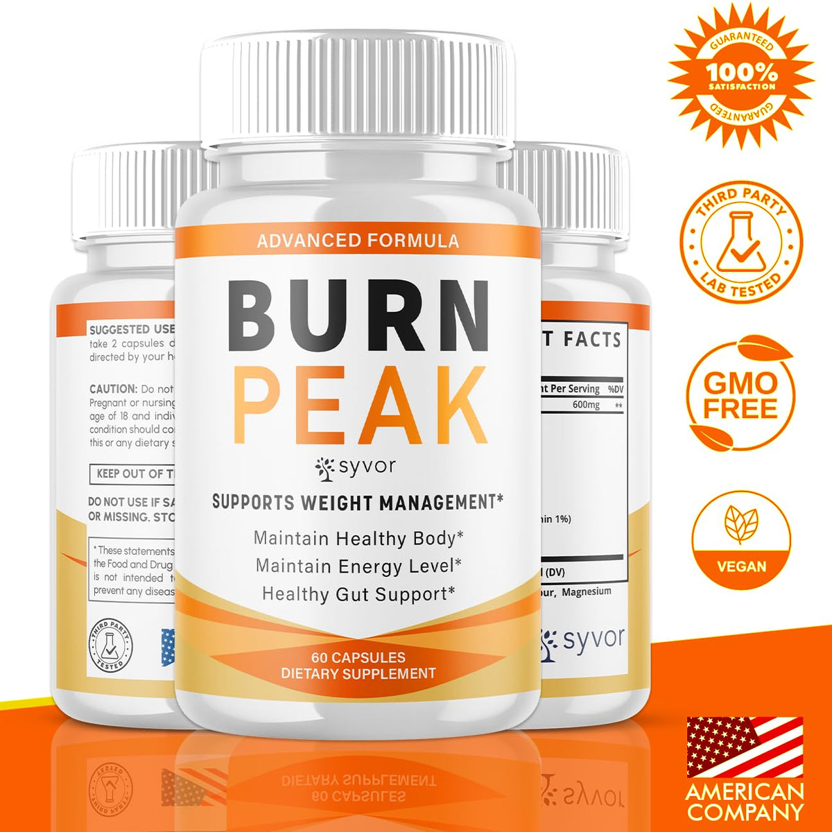 Syvor Burn Peak Capsules, étiquette détaillant les ingrédients