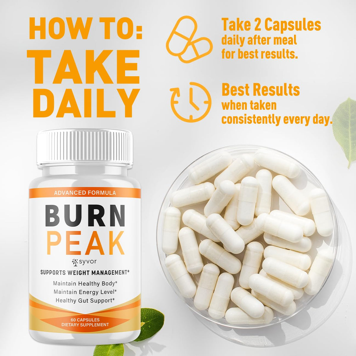 Syvor Capsules Burn Peak arrière de la bouteille avec informations nutritionnelles