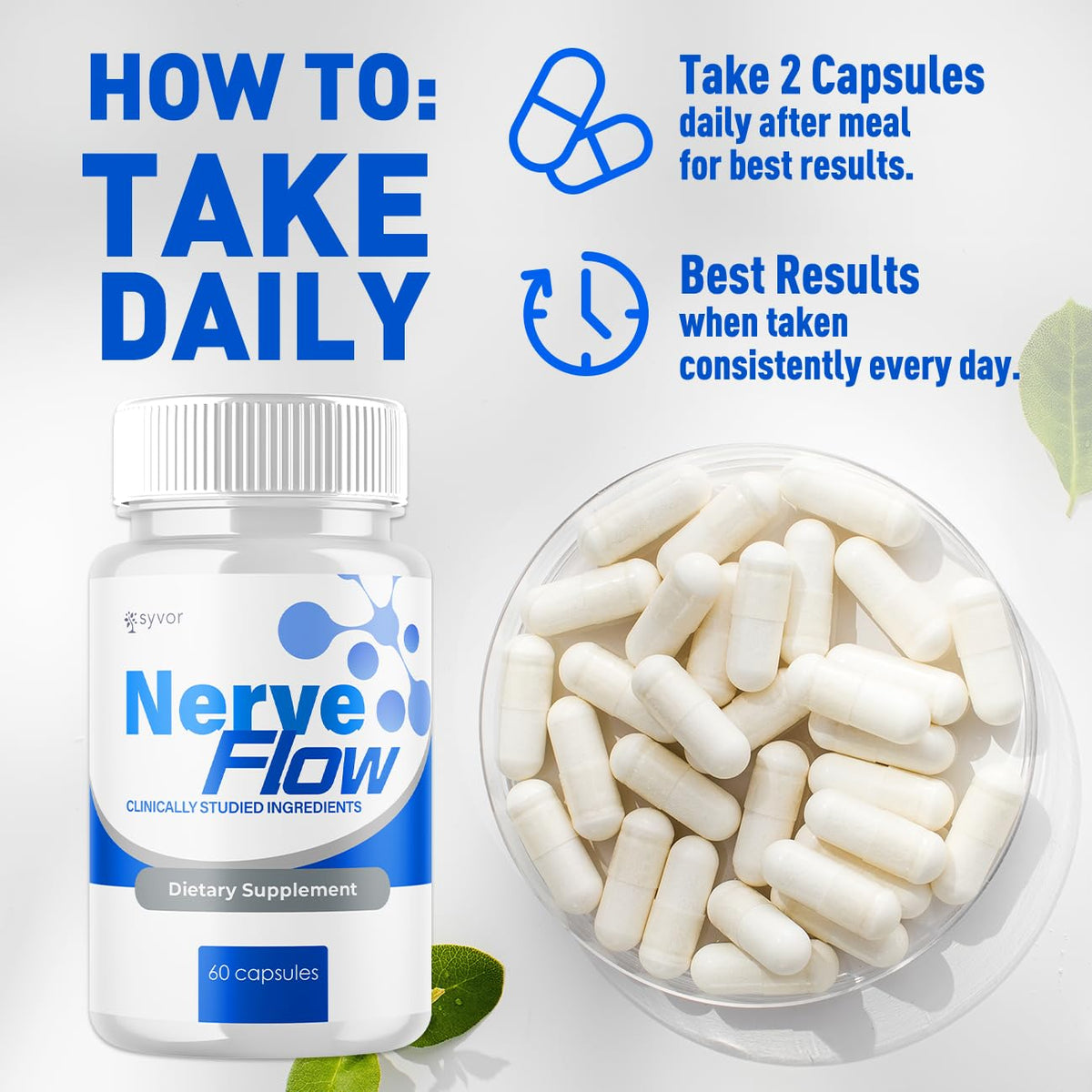 Syvor Nerve Flow Capsules 120 gélules sur un fond neutre, en gros plan
