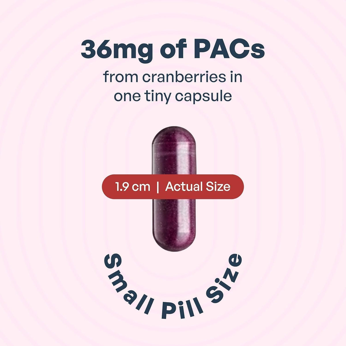 Szio+ Utiva Cranberry PACs 36 mg, capsule size comparison
