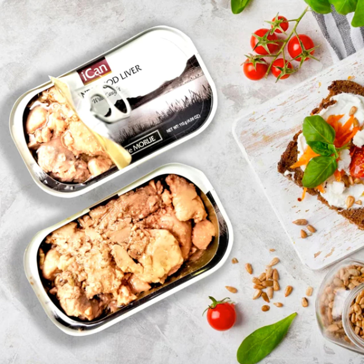 Tableau avec des plats préparés utilisant le foie de morue ICAN