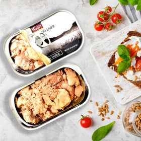 Tableau avec des plats préparés utilisant le foie de morue ICAN