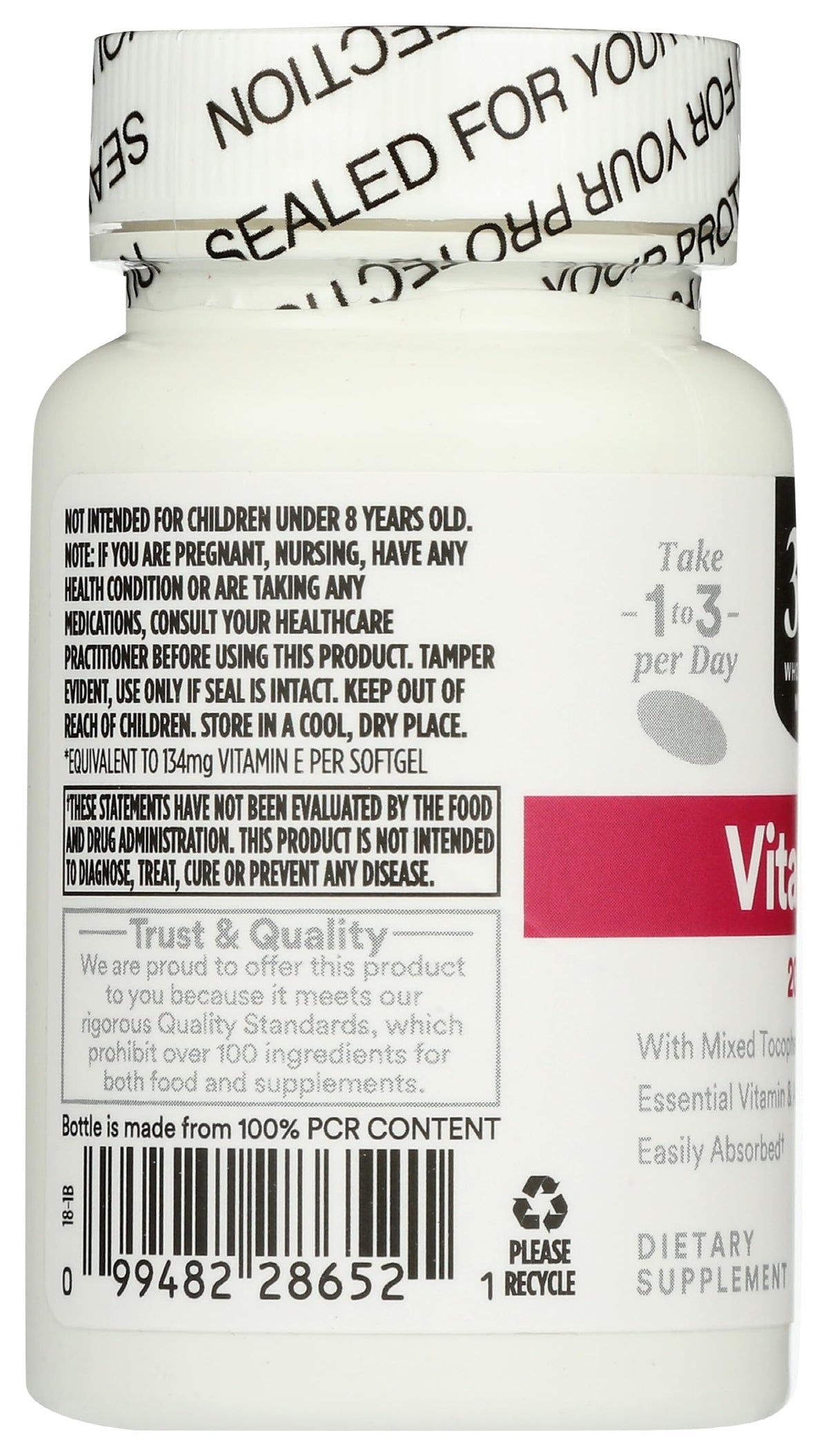 Tableau des ingrédients de 365 Vitamine E 200 IU