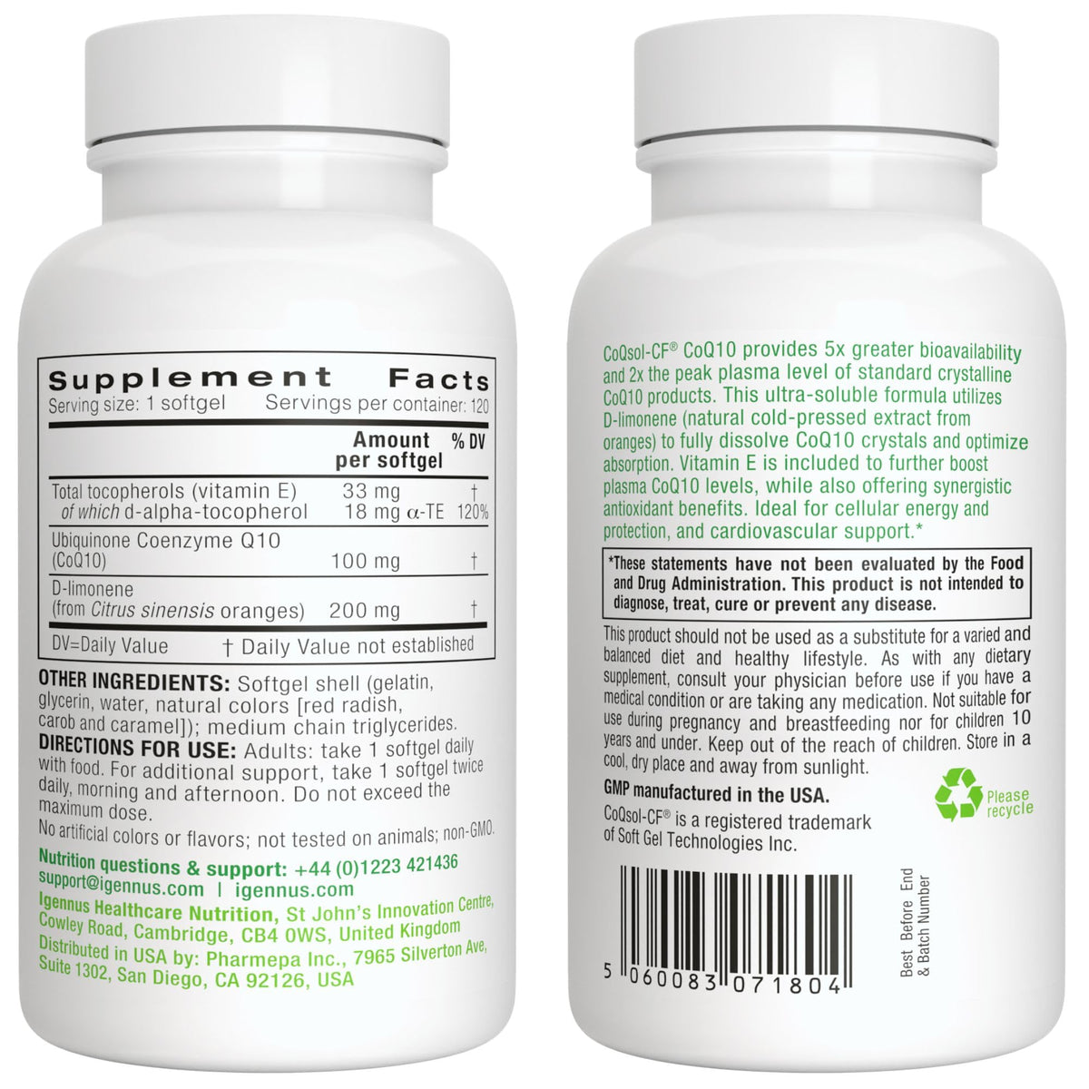 Tableau des valeurs nutritionnelles de CoQSol CoQ10