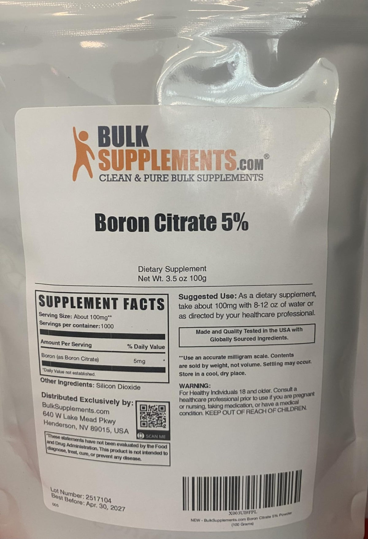 Tableau nutritionnel de la Poudre de Citrate de Bore BulkSupplements