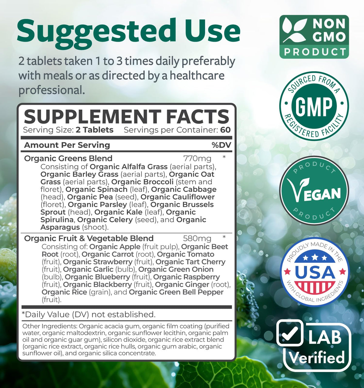 Tablette Bio Super Greens Healths Harmony avec des fruits et légumes