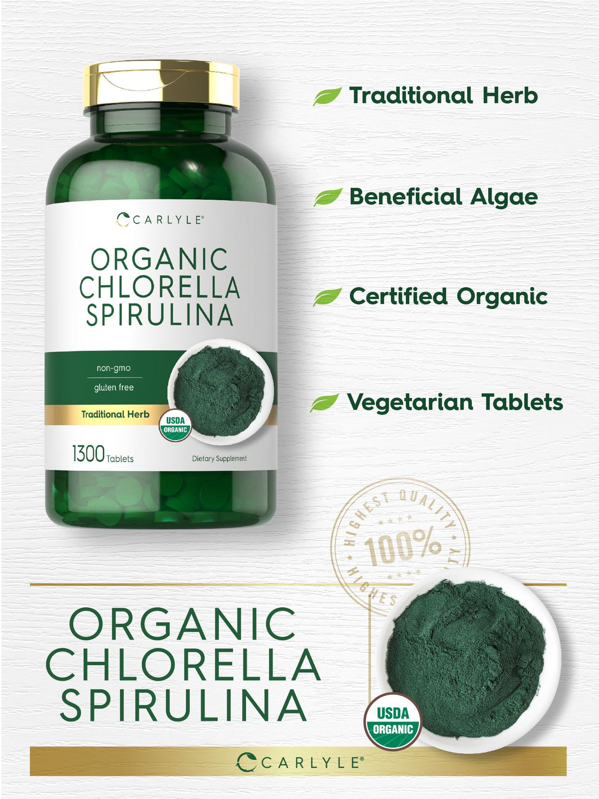Tablette Carlyle Chlorella Spirulina bio sur une cuillère