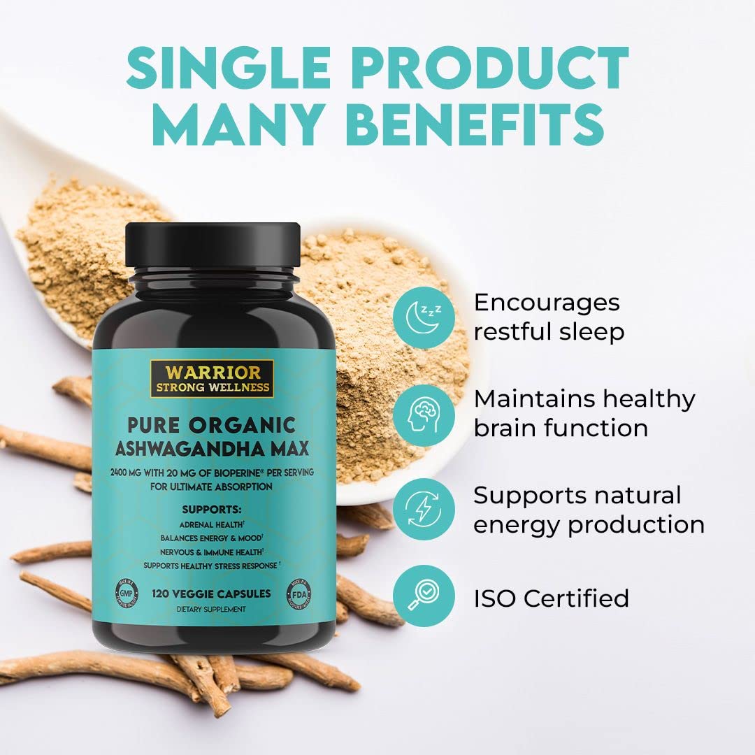 Tablette d'Ashwagandha bio Warrior Strong Wellness avec un verre d'eau