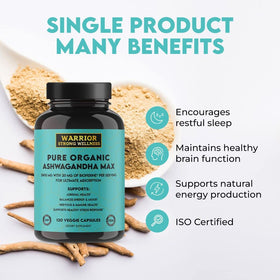 Tablette d'Ashwagandha bio Warrior Strong Wellness avec un verre d'eau