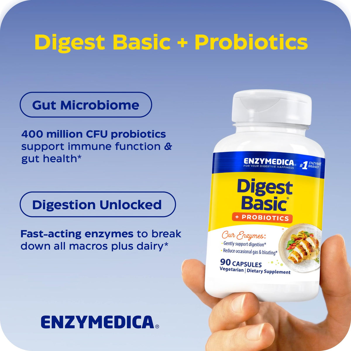 Tablette d'Enzymedica daily Basic + Probiotics sur une surface blanche