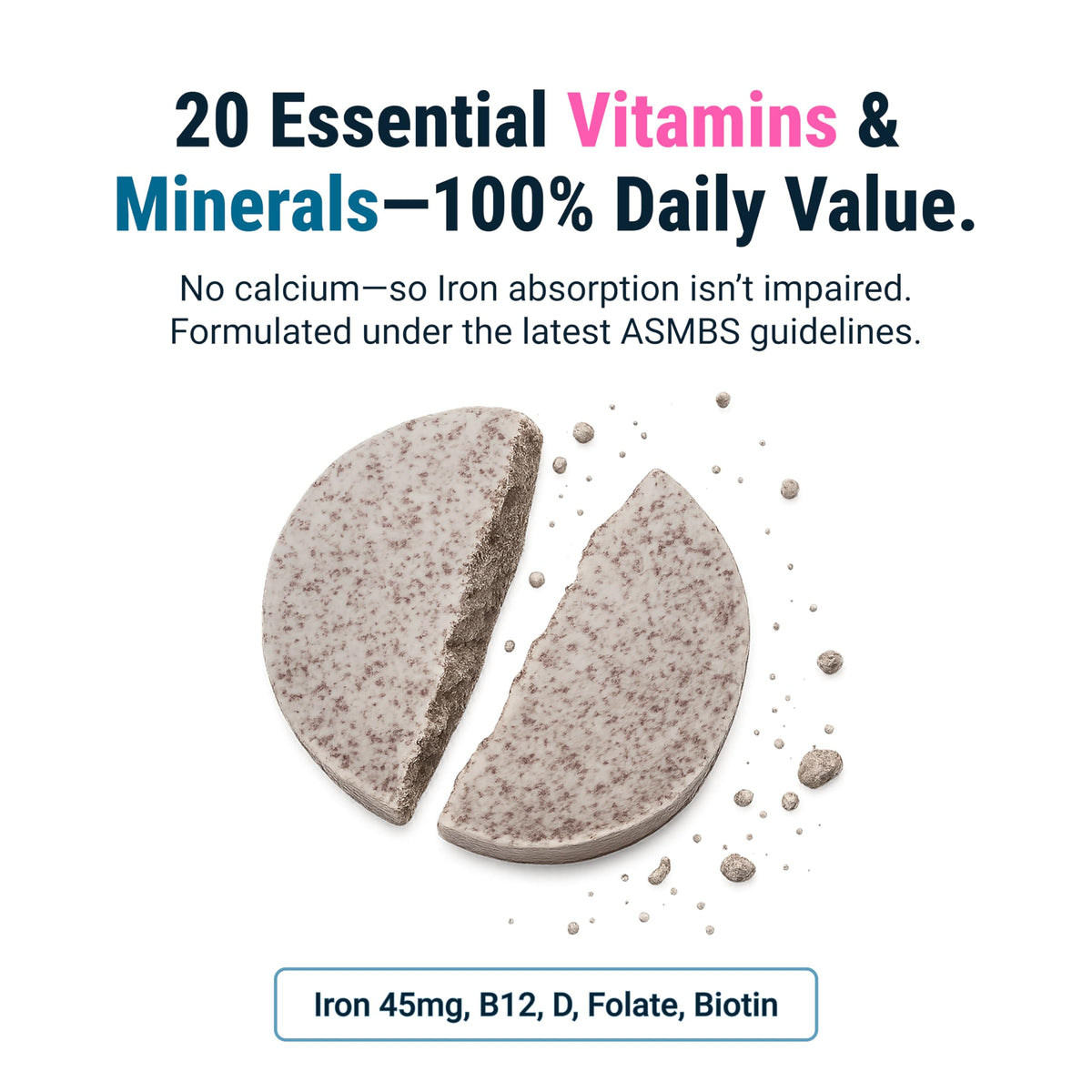 Tablette de BariatricPal multivitamine mâchable sur fond blanc