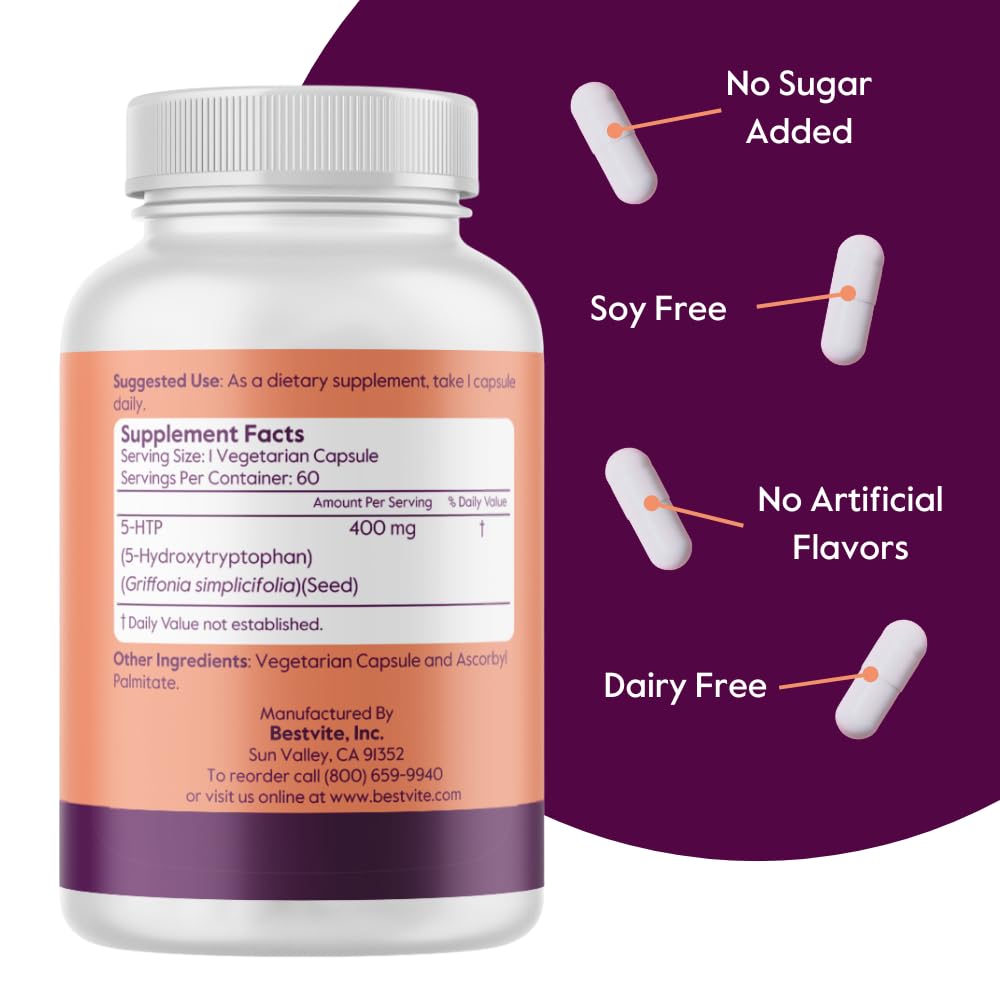 Tablette de BESTVITE 5-HTP 400mg sur une surface blanche