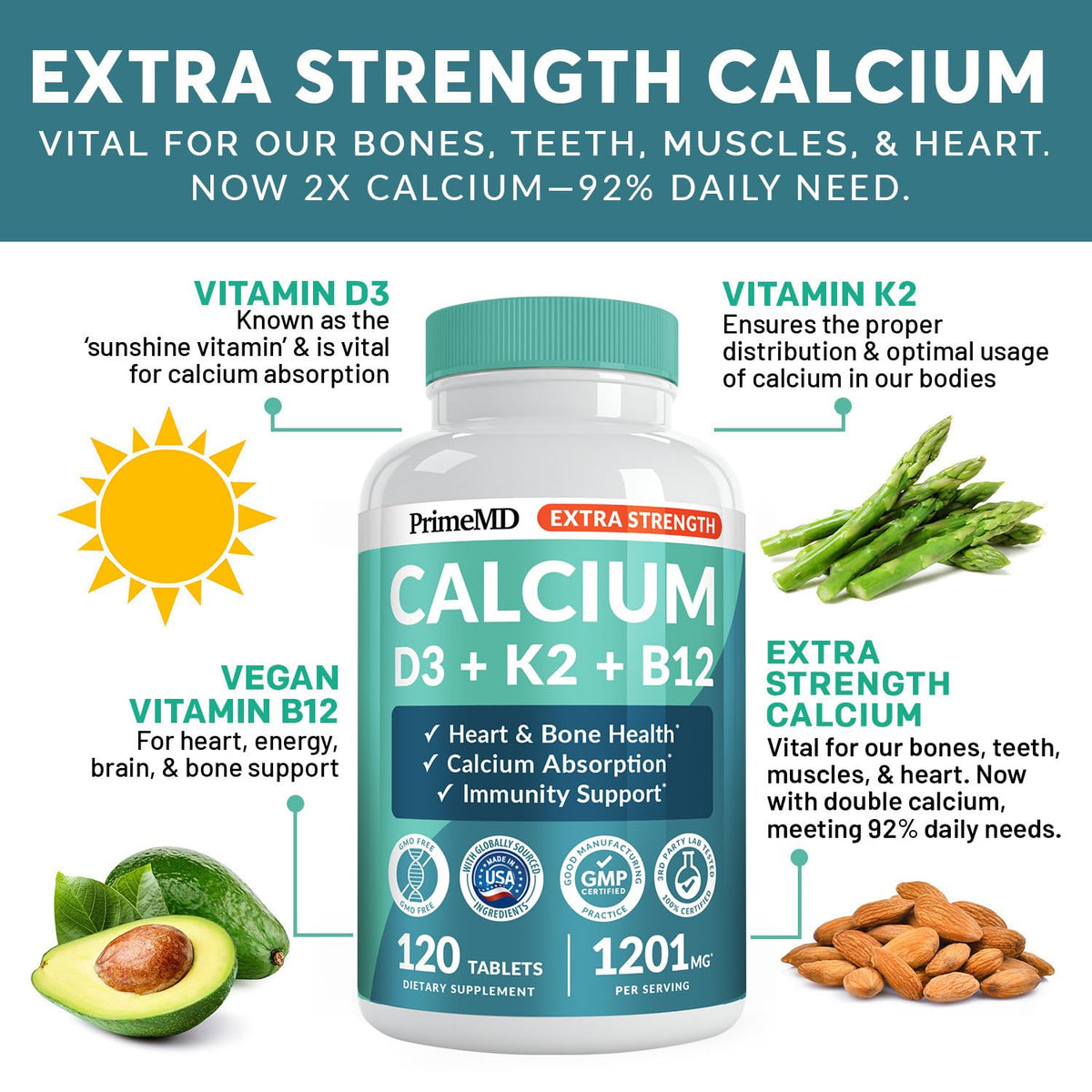 Tablette de Calcium 1200 mg avec Vitamine D3 K2, détail