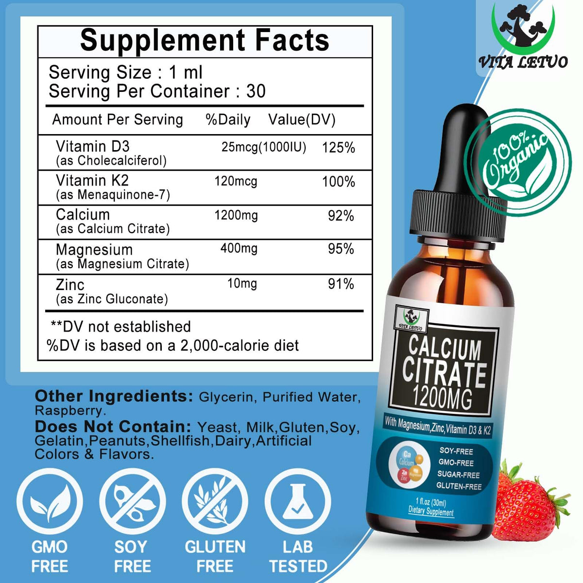 Tablette de Calcium Citrate 1200mg avec D3 et ingrédients naturels