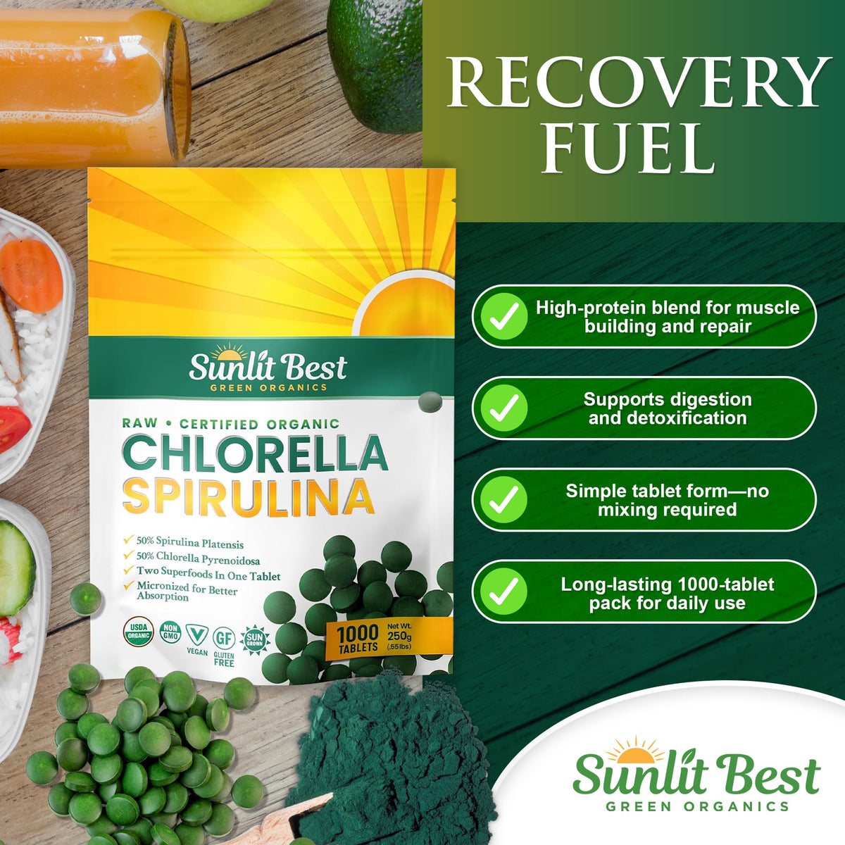 Tablette de Chlorella Spirulina Sunlit Best sur une surface blanche