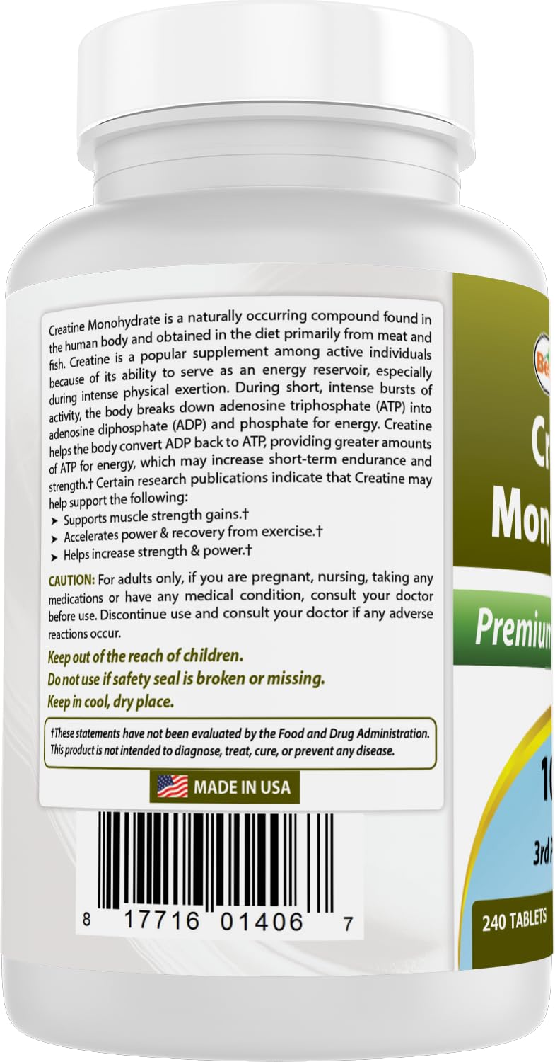 Tablette de créatine monohydrate Best Naturals accompagnée de matériel de sport