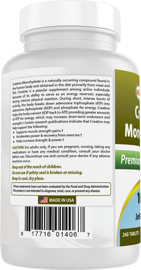 Tablette de créatine monohydrate Best Naturals accompagnée de matériel de sport