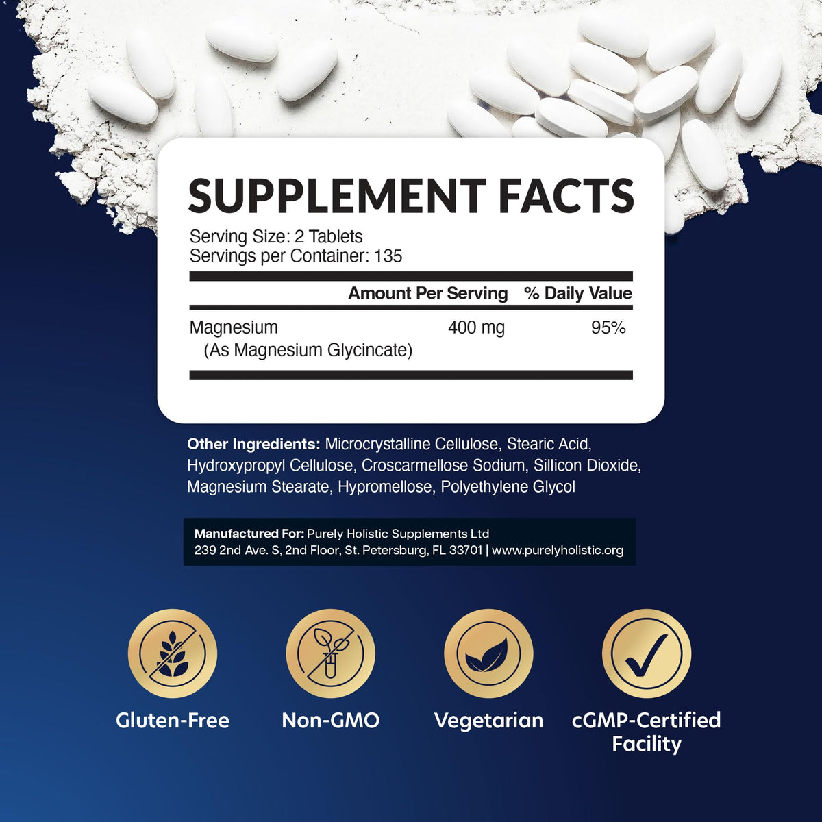 Tablette de Magnésium Glycinate 400mg Purely Holistic sur une table
