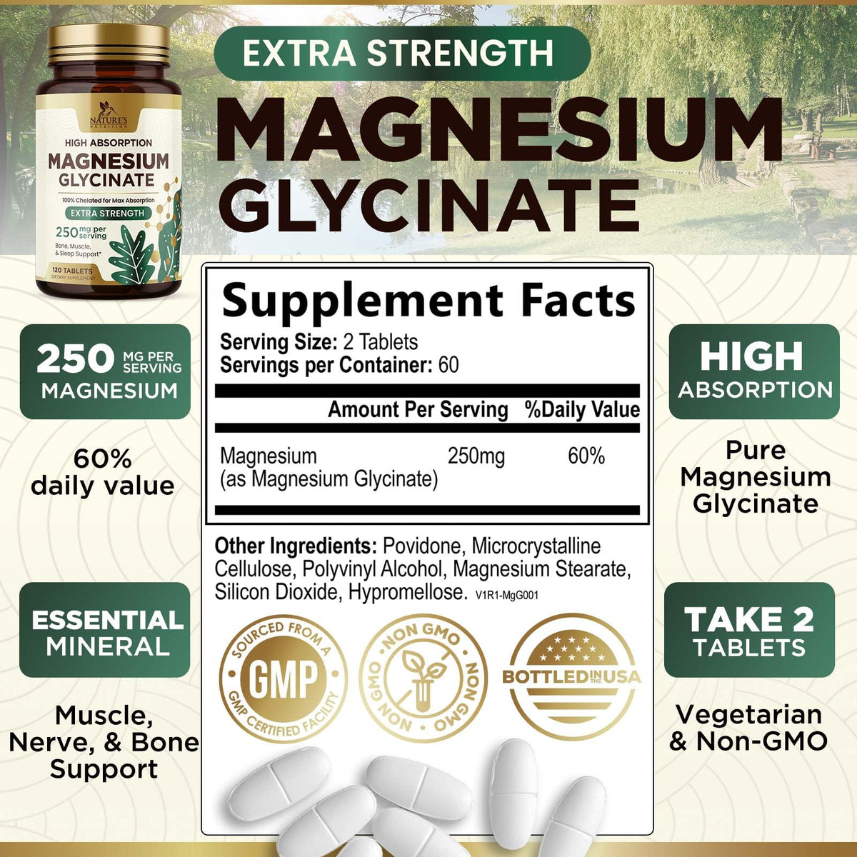 Tablette de magnésium glycinate Nature's Nutrition avec dosage de 250 mg