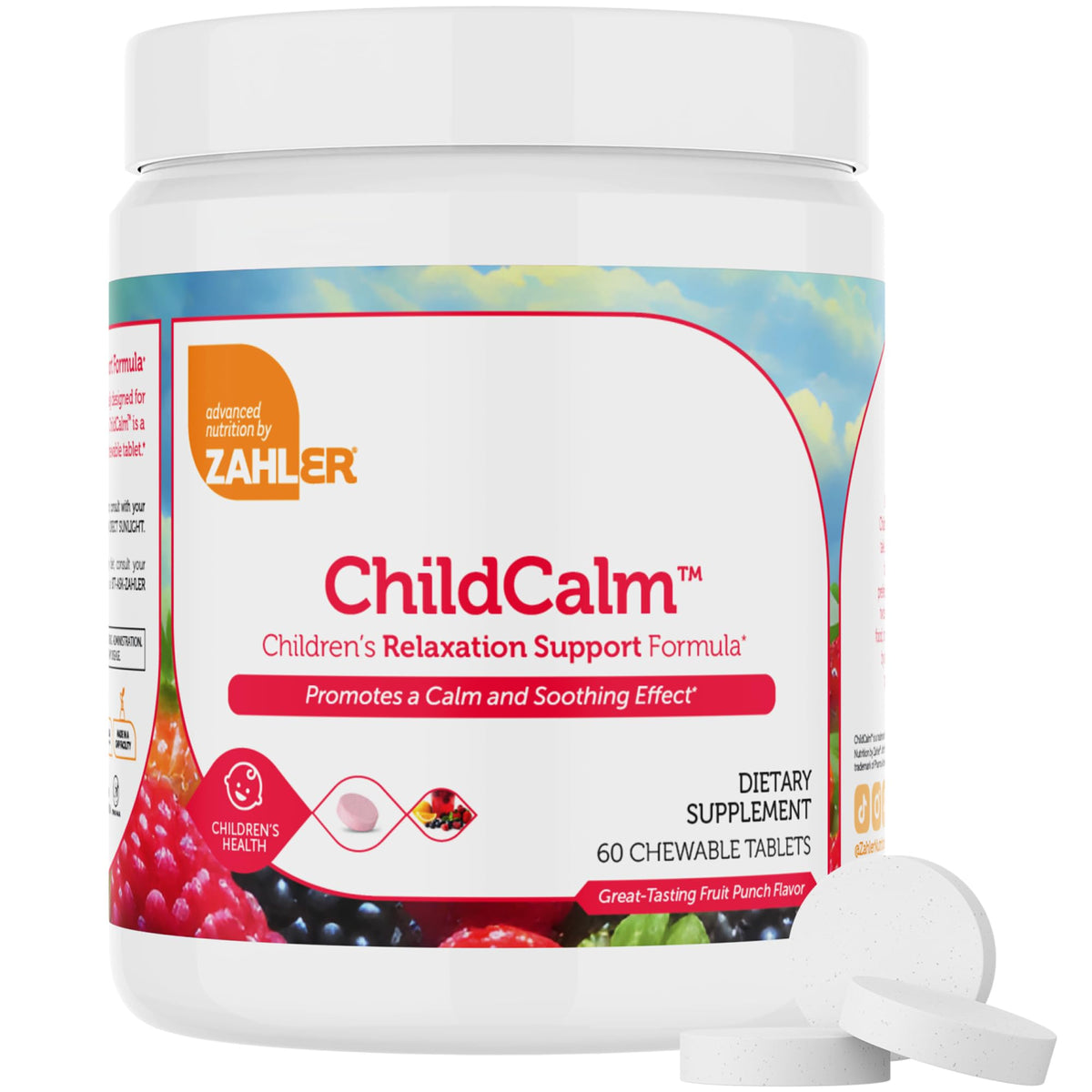 Tablette de magnésium Zahler ChildCalm montrant le goût framboise