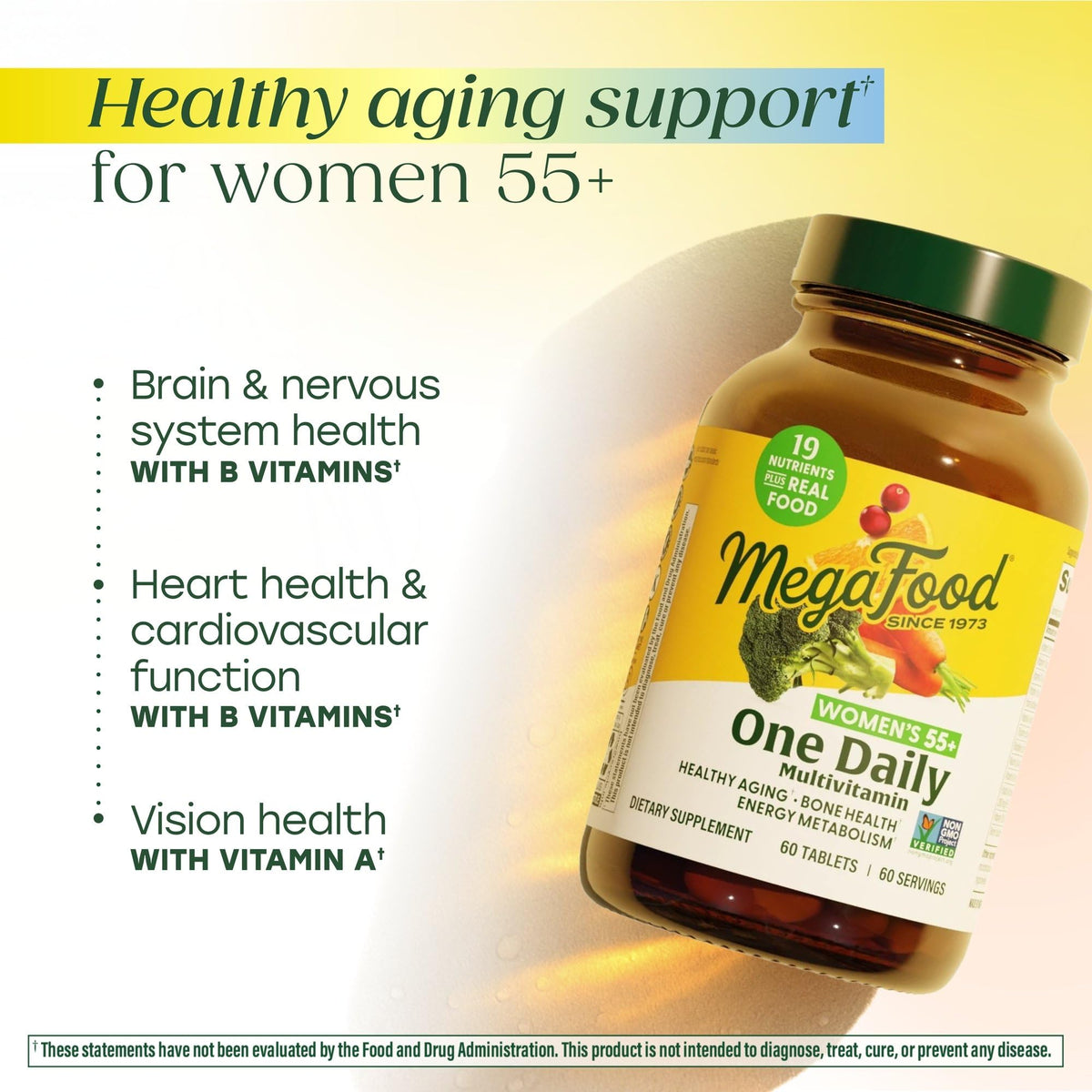 Tablette de MegaFood Multivitamines Femmes 55+ sur une surface blanche