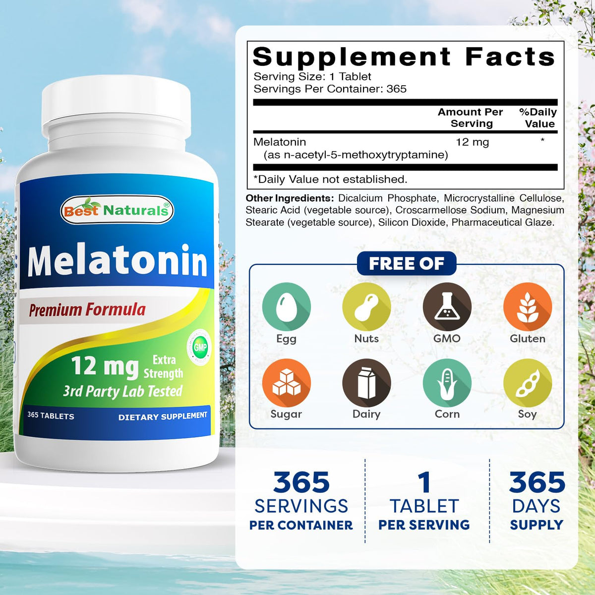 Tablette de mélatonine Best Naturals 12 mg sur fond blanc