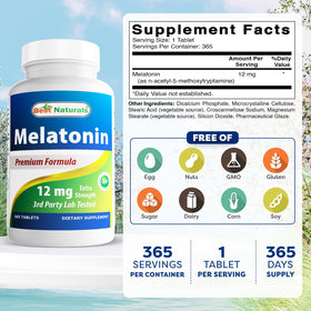 Tablette de mélatonine Best Naturals 12 mg sur fond blanc