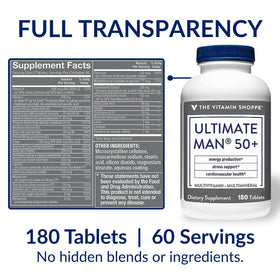 Tablette de Multivitamine Homme 50+ à côté d'un verre d'eau