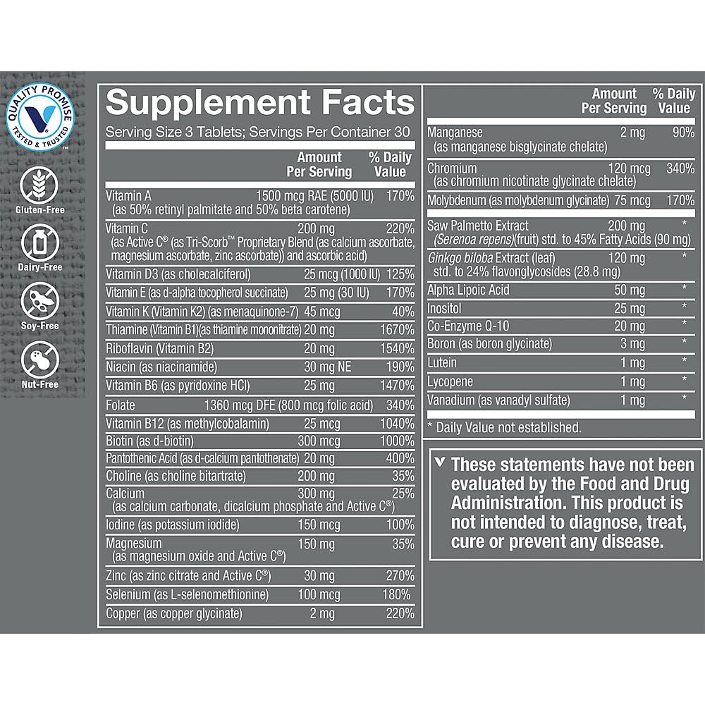Tablette de multivitamine Ultimate Man 50+ avec ingrédients visibles