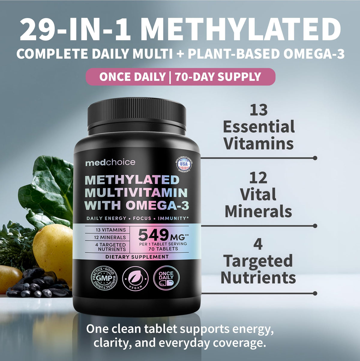 Tablette de multivitamines MEDCHOICE sur une surface blanche