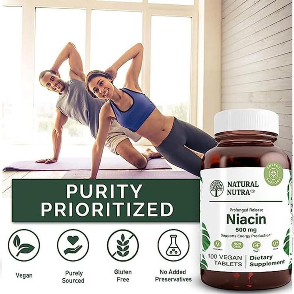 Tablette de niacine B3 Natural Nutra à côté de la bouteille
