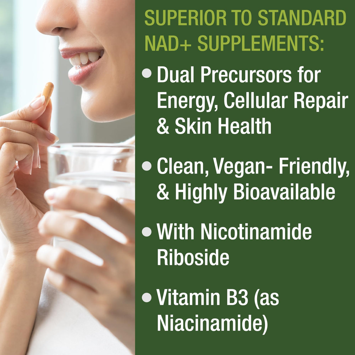 Tablette de Nicotinamide Riboside Peak Performance avec un verre d'eau