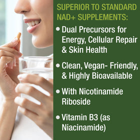 Tablette de Nicotinamide Riboside Peak Performance avec un verre d'eau