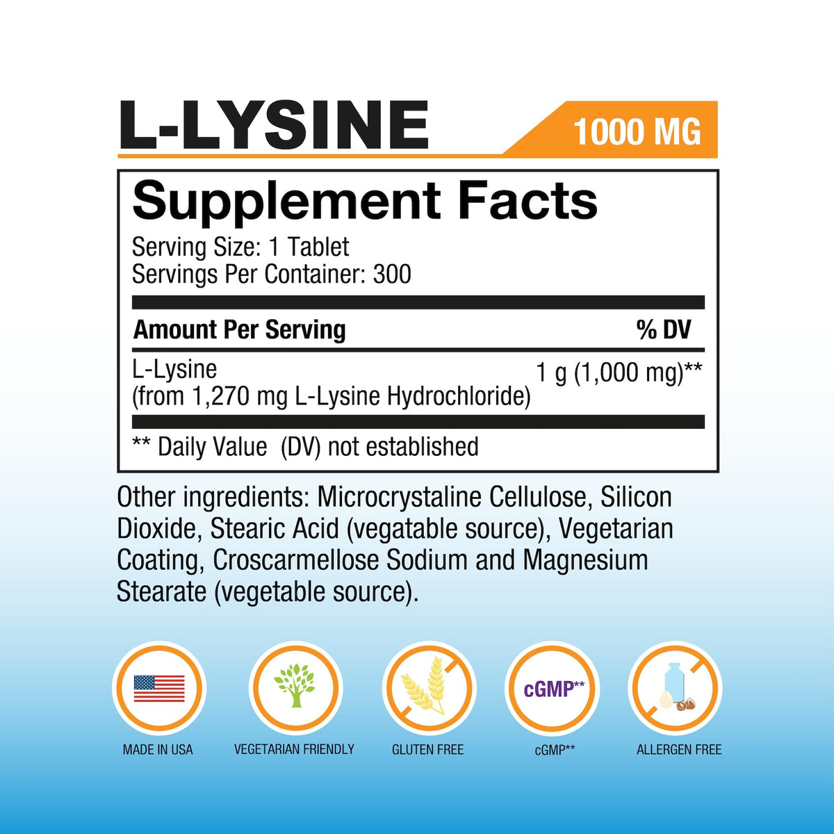 Tablette de P Puregen Labs L-Lysine 1000 MG sur une surface blanche