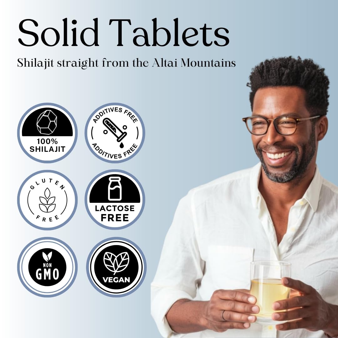 Tablette de Pure Himalayan Shilajit sur une surface blanche