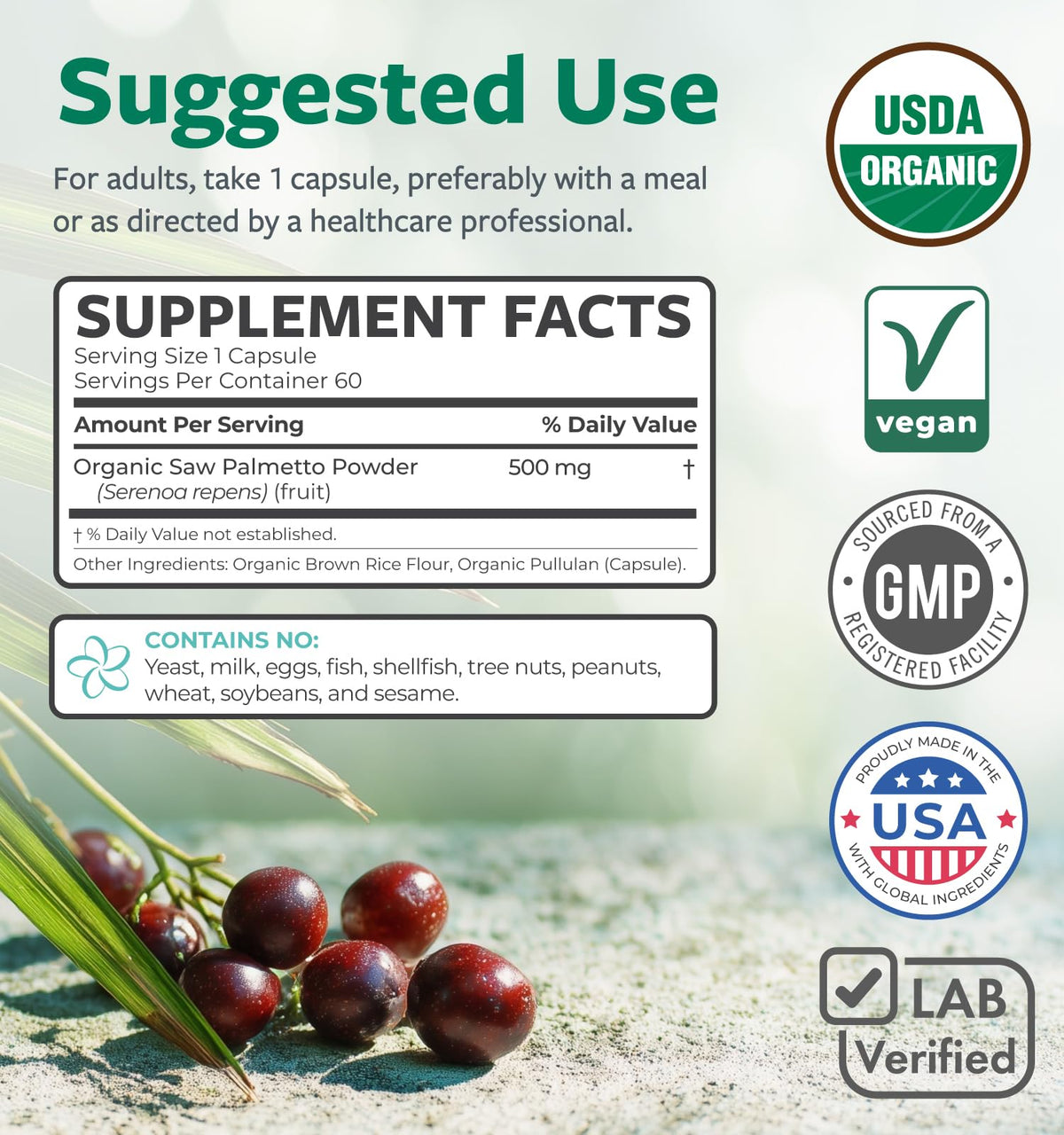Tablette de Saw Palmetto Bio PURE CO avec étiquette visible