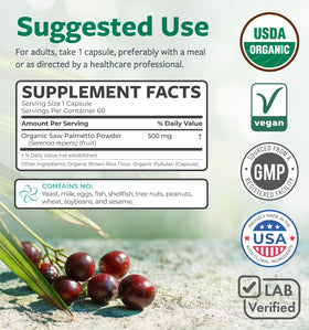 Tablette de Saw Palmetto Bio PURE CO avec étiquette visible