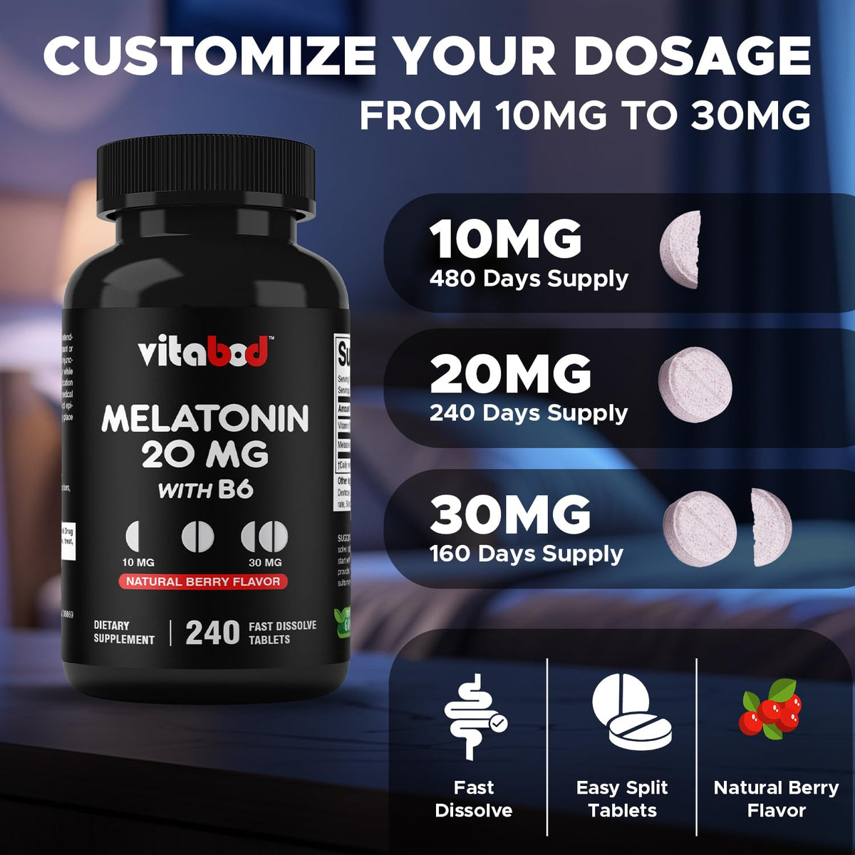 Tablette de Vitabod Melatonin sur une surface blanche