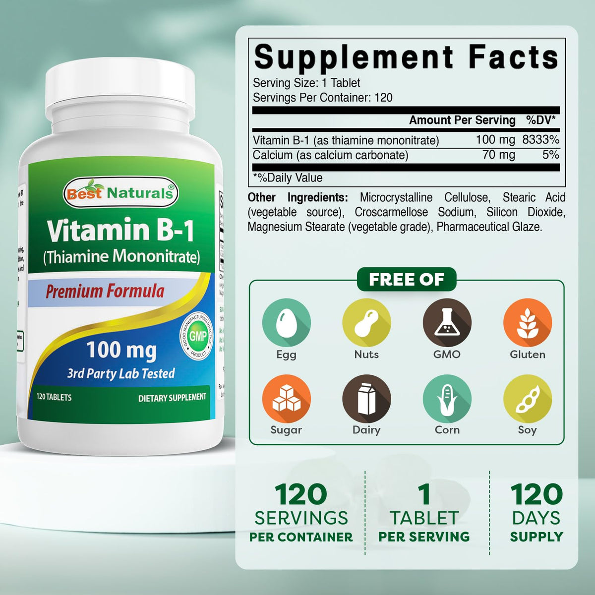 Tablette de Vitamine B1 Best Naturals sur un fond blanc