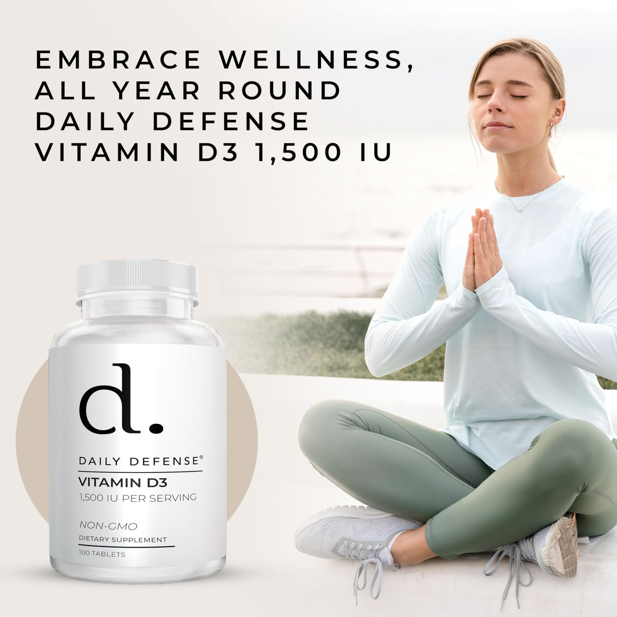Tablette de vitamine D3 Daily Defense sur fond blanc