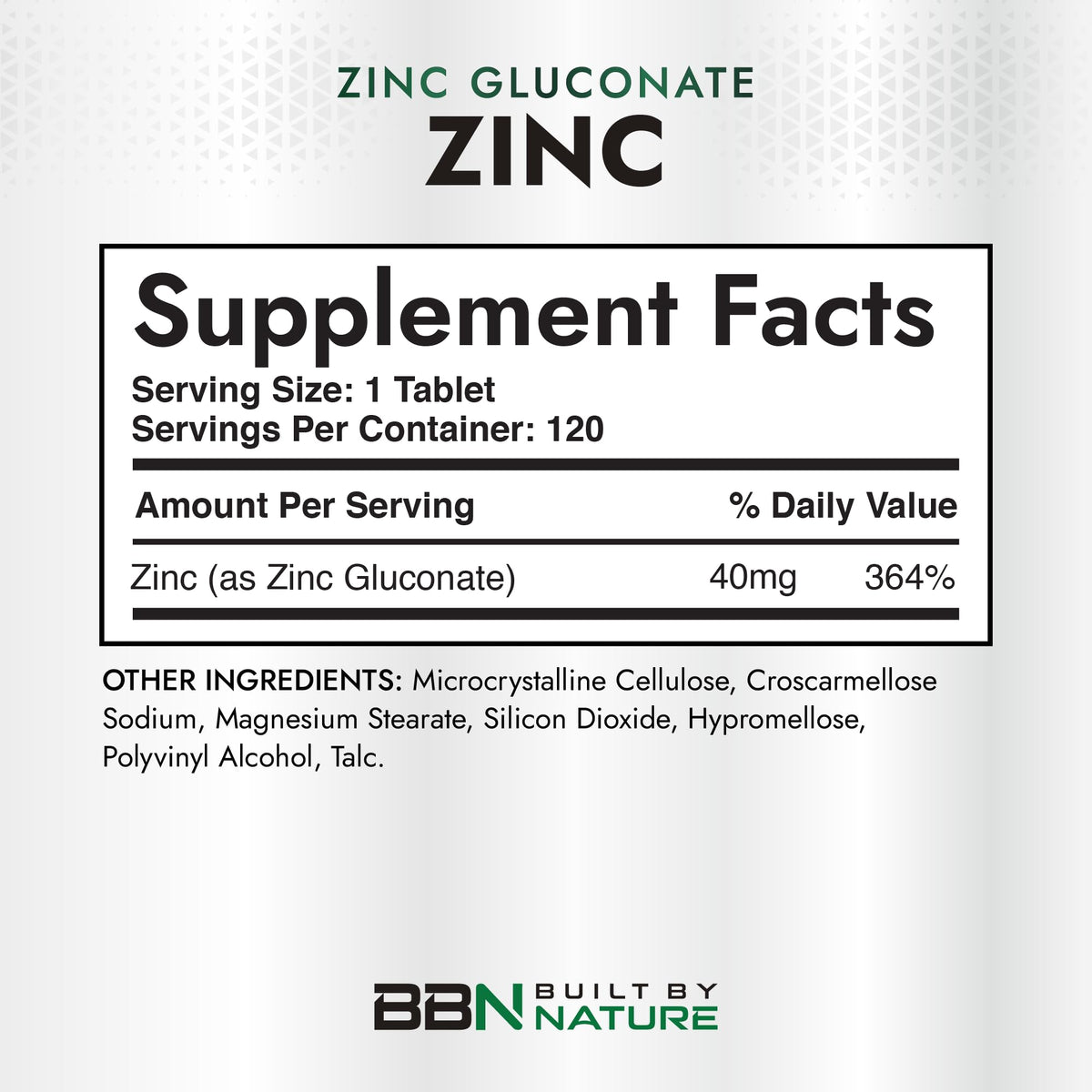 Tablette de Zinc 40 mg de Built By Nature, vue de près