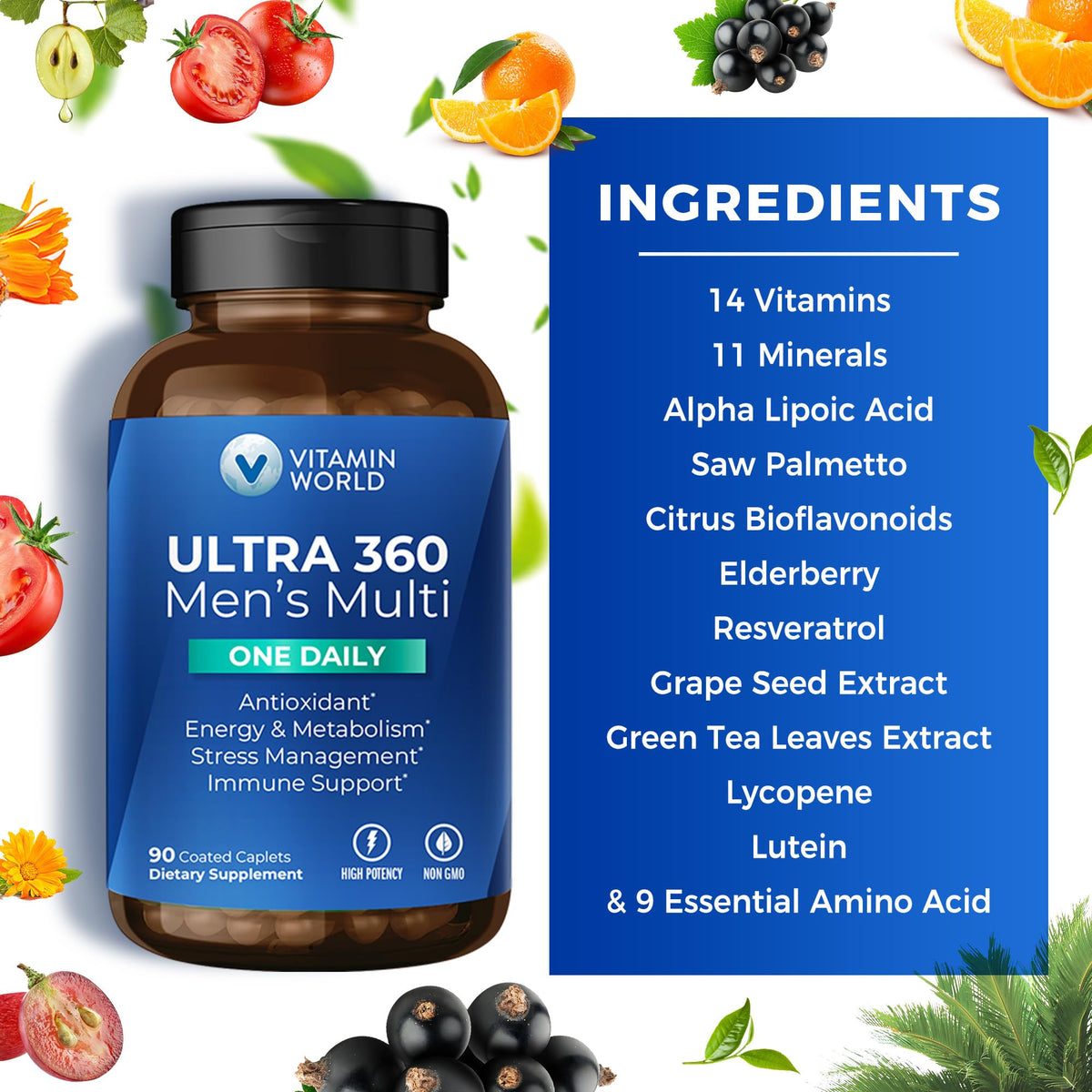 Tablette des multivitamines Ultra 360 pour Hommes sur fond blanc