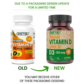 Tablette DEVA Vitamine D3 5000 UI sur fond blanc