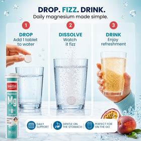 Tablette effervescente de magnésium au goût fruité dans un verre