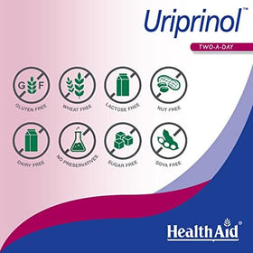 Tablette HealthAid Uriprinol avec des ingrédients naturels autour