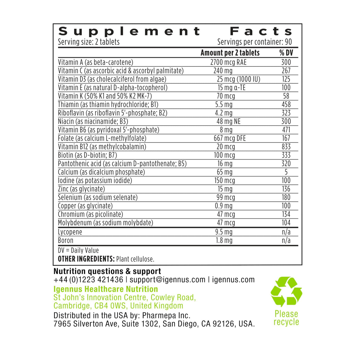 Tablette Igennus Multivitamine Methylé pour Hommes prise avec de l'eau