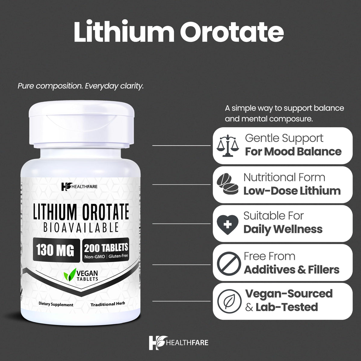 Tablette végétarienne de lithium orotate Healthfare vue de près