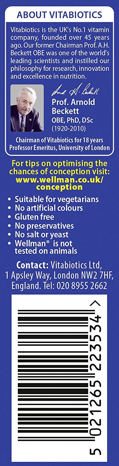 Tablette Vitabiotics Wellman Conception sur un fond blanc